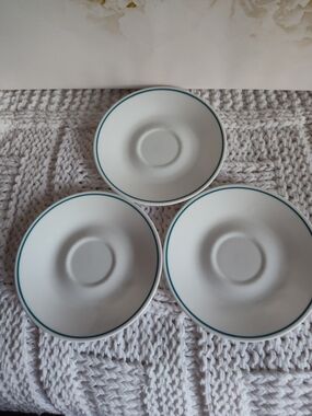 Vintage Corelle Blue Heather Saucers with Teal Rim - Set of 3